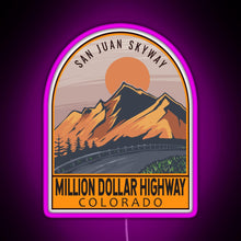 Load image into Gallery viewer, Million Dollar Highway Colorado Retro Travel Emblem RGB neon sign  pink