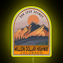 Load image into Gallery viewer, Million Dollar Highway Colorado Retro Travel Emblem RGB neon sign yellow
