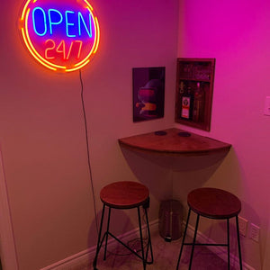 open 24/7 neon sign for bar restaurant