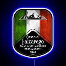 Load image into Gallery viewer, Passo Falzarego Italy Motorcycle Cycle Altitude Sticker T Shirt RGB neon sign blue