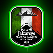 Load image into Gallery viewer, Passo Falzarego Italy Motorcycle Cycle Altitude Sticker T Shirt RGB neon sign green