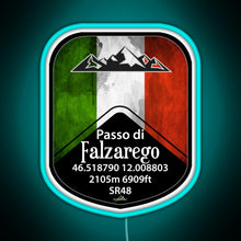 Load image into Gallery viewer, Passo Falzarego Italy Motorcycle Cycle Altitude Sticker T Shirt RGB neon sign lightblue 