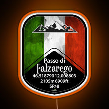 Load image into Gallery viewer, Passo Falzarego Italy Motorcycle Cycle Altitude Sticker T Shirt RGB neon sign orange