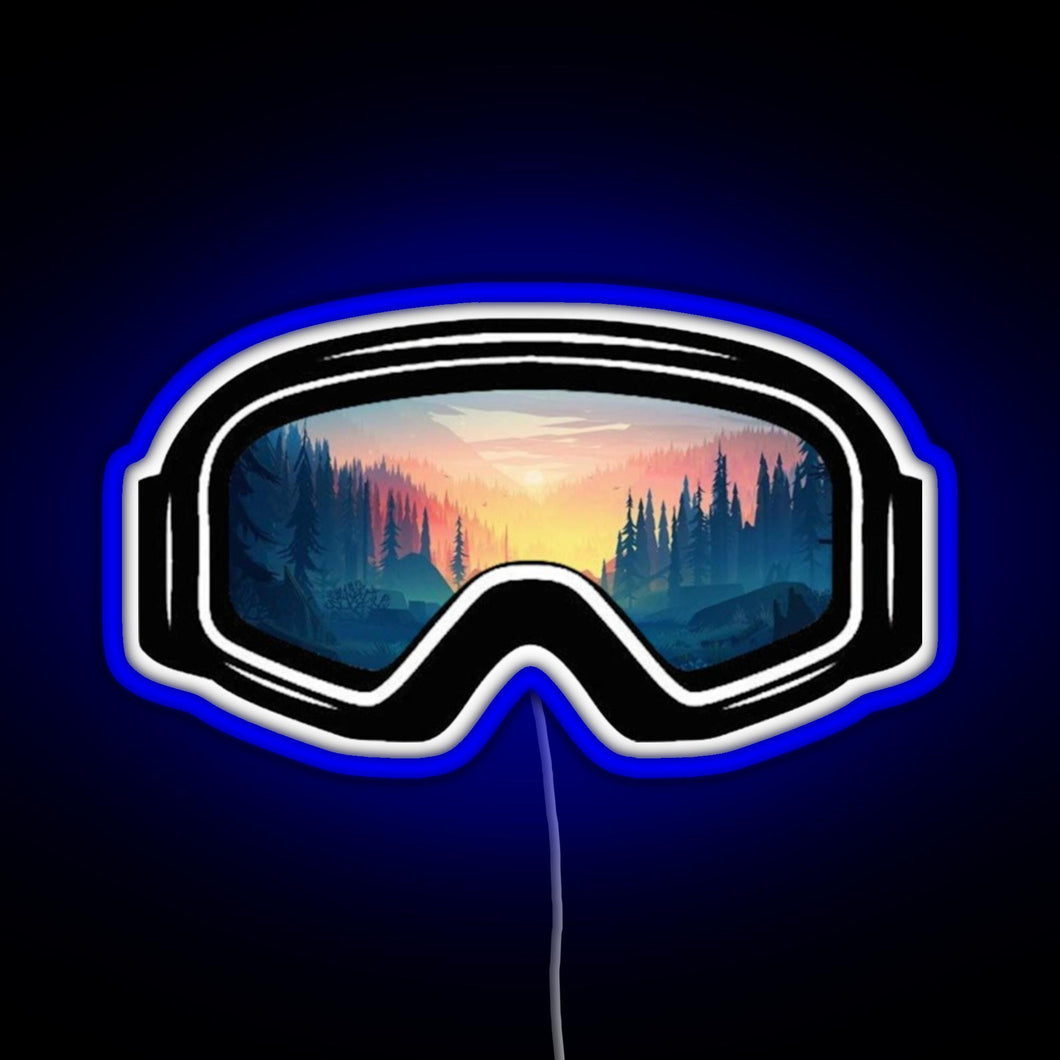 Ski Goggles Trees in the Sunset Design RGB neon sign blue