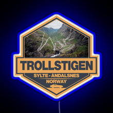 Load image into Gallery viewer, Trollstigen Norway Travel Art Badge RGB neon sign blue