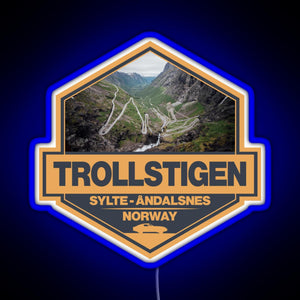 Trollstigen Norway Travel Art Badge RGB neon sign blue