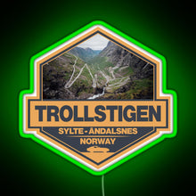Load image into Gallery viewer, Trollstigen Norway Travel Art Badge RGB neon sign green