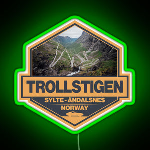 Trollstigen Norway Travel Art Badge RGB neon sign green