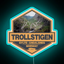 Load image into Gallery viewer, Trollstigen Norway Travel Art Badge RGB neon sign lightblue 