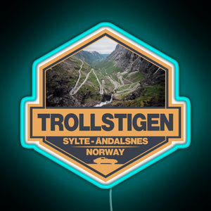 Trollstigen Norway Travel Art Badge RGB neon sign lightblue 