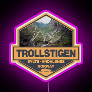 Trollstigen Norway Travel Art Badge RGB neon sign  pink