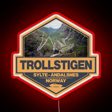 Load image into Gallery viewer, Trollstigen Norway Travel Art Badge RGB neon sign red