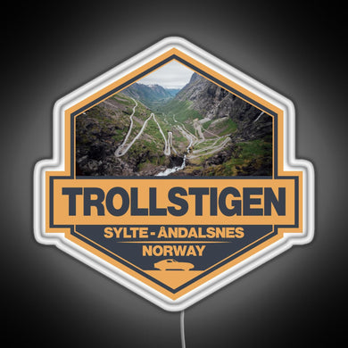 Trollstigen Norway Travel Art Badge RGB neon sign white 