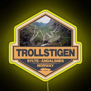 Trollstigen Norway Travel Art Badge RGB neon sign yellow